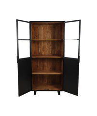 HSM Collectie-Vitrinekast 2 Deur-85x40x185-Zwart/Naturel-Acacia/Metaal - Vitrinekast