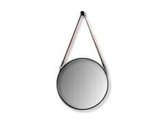 Ronde spiegel met riem - 49x3x68 - Zwart/Bruin - Metaal/Kunstleder