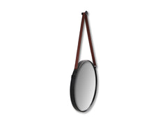 Ronde spiegel met riem - 63x3x95 - Zwart/Bruin - Metaal/Kunstleder